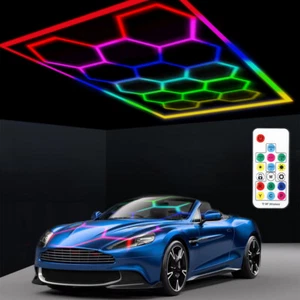 RGB LED 14X Hexagon Lighting Car Detail House Garage Workshop Gym W/ Border Kit - Picture 1 of 14