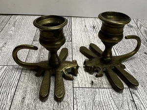 Vintage Brass Metal Dragonfly Taper Candle Holder Candlestick 2.5" x 3.5" Pair - Picture 1 of 8