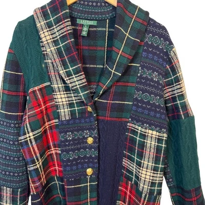 Cárdigan Ralph Lauren para mujer XL lana de cordero retazos cuadros chal cuello Fair Isle Foto 1 de 4