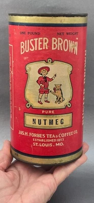 ANTIQUE SPICE BOX BUSTER BROWN NUTMEG 1 LB PAPER LABEL JAS. H. FORBES ST LOUIS - Image 1 of 4
