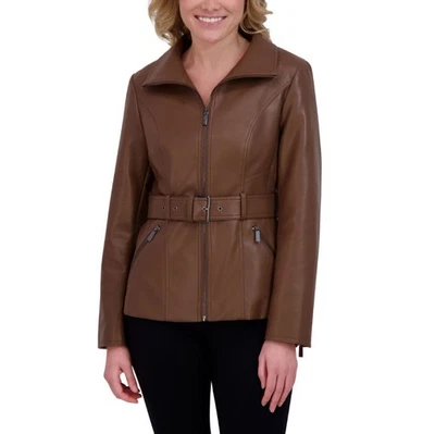 Kenneth Cole Women's Belted Faux Leather Jacket, Brown, Medium - Image 1 of 4