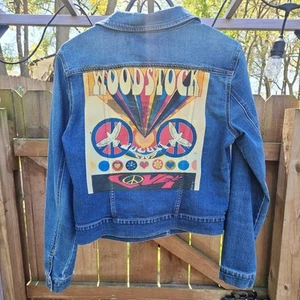 Women's Size Xs  Woodstock 1969 Max Jean Jacket Coat Pockets Hippie Love - Bild 1 von 10