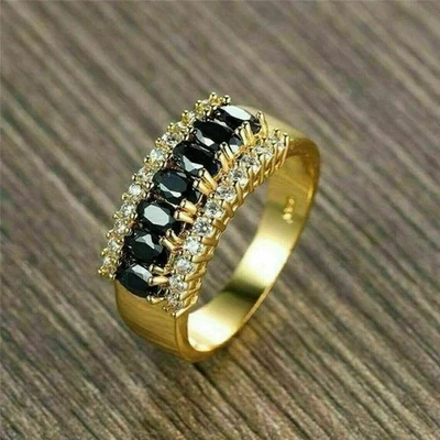 Anillo de compromiso con racimo de diamantes negros creado en laboratorio de 2,50 quilates de oro amarillo de 14 k Fn Foto 1 de 4