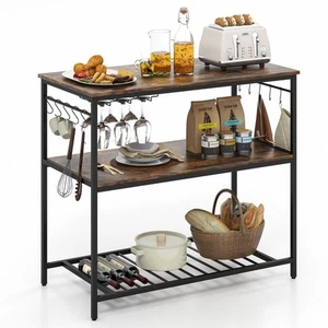 3 Shelves Kitchen Island Industrial Wood and Metal Bar Table w/ Bottom Wine Rack - Picture 1 of 10