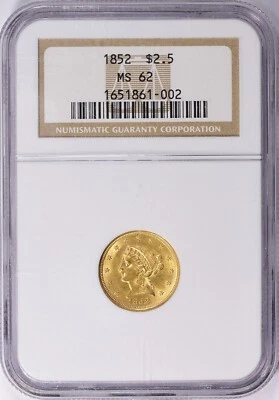 1852  LIBERTY HEAD $2.5 QUARTER EAGLE GOLD NGC MS62 - Image 1 of 3