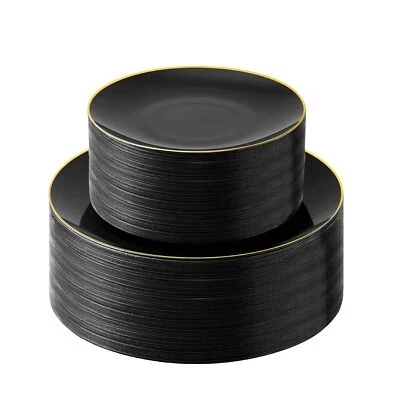 100pcs Black And Gold Plastic Plates Black Disposable Plates For 50 Guests Black - Image 1 of 4