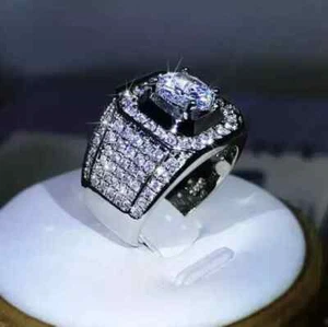 Simulated Diamond Men's Engagement Ring 14K White Gold Plated Round Cut Silver - Picture 1 of 4
