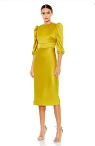 MAC DUGGAL Marigold Satin High Neck Puff Sleeve Midi Dress, 26927, Size 2 - Picture 1 of 10