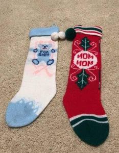 Lot Of 2 Christmas Stockings Baby Blue White Pink Mom Red Green White - Picture 1 of 5