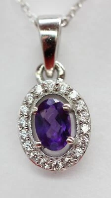 Nobile 0,4 Carati Ciondolo Ametista 925 Argento Collier Catena Zirconia American - Immagine 1 di 4