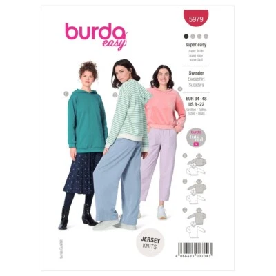 BURDA 5979 SWEATSHIRTS HOODIES Misses Sewing Pattern Size 8-22  Skill SUPER EASY - Image 1 of 4