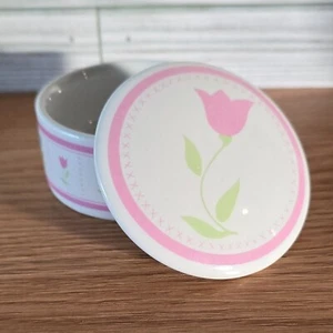 Vintage 1987 FTDA Porcelain Pastel Pink Tulip Trinket Candle Dish Box + Lid M5 - Picture 1 of 11