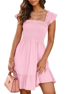 Womens Casual Sleeveless Square Neck Ruffle Backless Mini Dress NEW - Picture 1 of 14