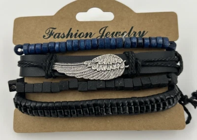 Juego de Pulsera Ala de Ángel Cuero Madera Natural Azul Negro Elástico Ajustable NUEVO Foto 1 de 4