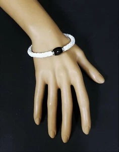 WHITE BRAIDED GENUINE LEATHER BAND,SILVER BLACK MAGNETIC CLOSURE BANGLE BRACELET - Picture 1 of 3