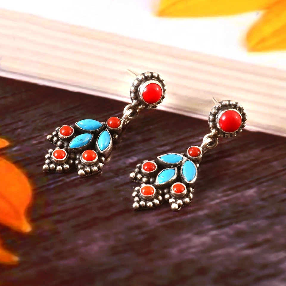 Pendiente colgante de coral natural y turquesa en joyería de plata de ley 925 Foto 1 de 3