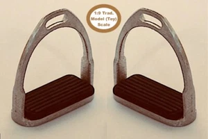 HORSING AROUND Traditional 1:9 ENGLISH STIRRUPS WITH BLACK BAR TREADS - Silver - Picture 1 of 2