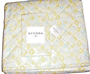 Sferra Geometrico Twin Quilt Coverlet +Boudoir Sham Aqua Yellow Cotton 2-PC NEW - Picture 1 of 15