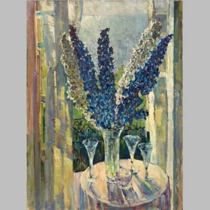 Old OIL Hand PAINTING Still life/Delphiniums and Sea/Seascape Canvas Ukrainian - Picture 1 of 5