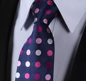 Custom Navy Blue Polka Dot Tie Pink Silver Mens Silky Wedding Gift 323 - Picture 1 of 3