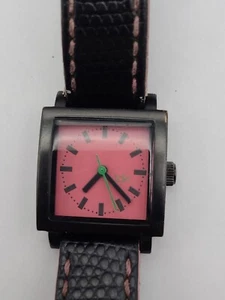 Taki Watch Pink Dial With Black Band leather Strap Women Girls New Battery Works - Picture 1 of 15