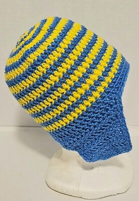 New Toddler Childrens Handmade Blue Yellow Crochet Skull Beanie Ear Flap 18 Head - Image 1 of 4