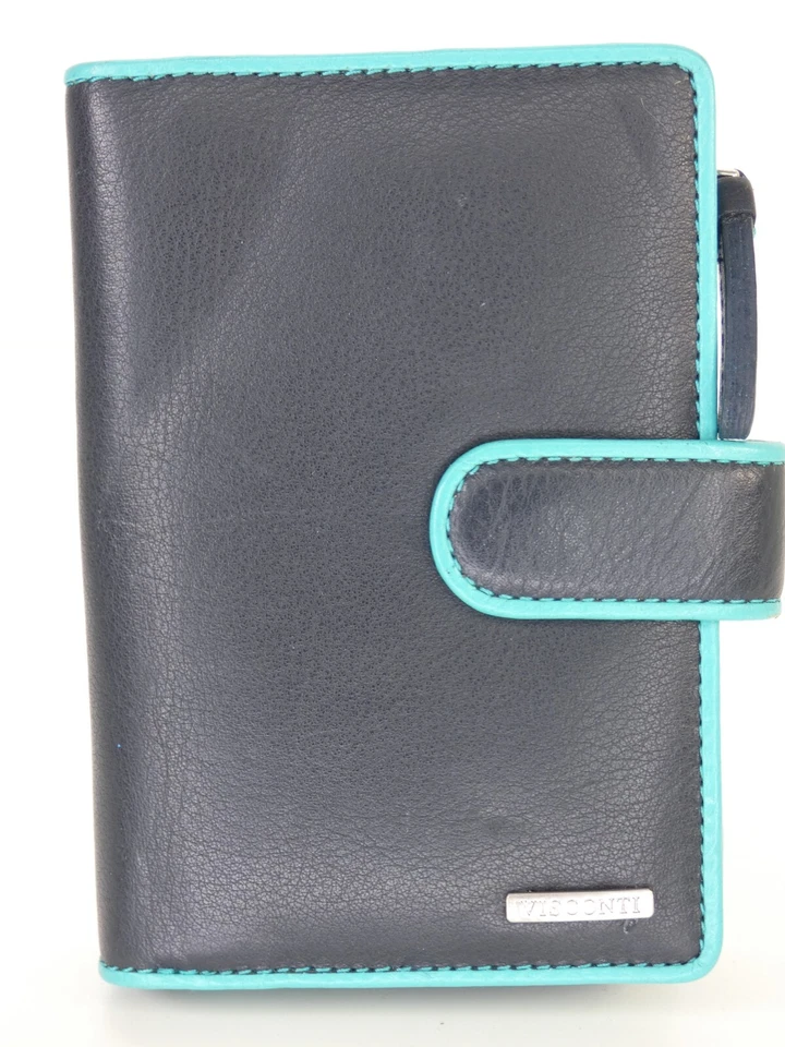 Real Leather Wallet Bifold Cards Coins Navy  Blue Trim Vistonti Italian - Image 1 of 4