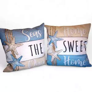 2 Beach Theme Pillows 16"x16" WITH PILLOW INSERTS Home Beach Coastal Decor - Picture 1 of 5