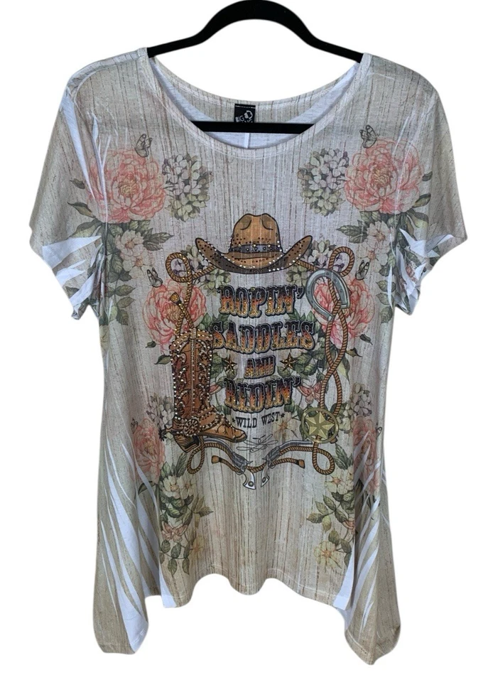 Top túnica mujer Big Bang estrás vaquera manga corta pañuelo dobladillo 2XL Foto 1 de 4