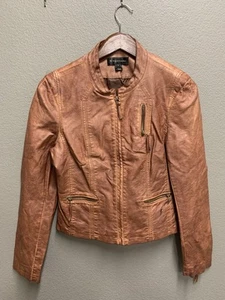 Bagatelle Cognac Brown Faux Leather Biker Bomber Long Sleeve Jacket Size Medium - Picture 1 of 4