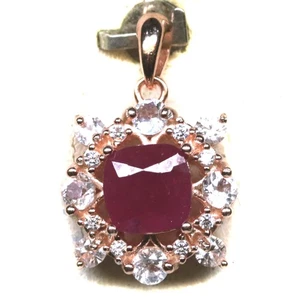 925 Sterling Silver 7 x 7 mm. Red Ruby & Cubic Zirconia Pendant Rose Gold - Picture 1 of 4
