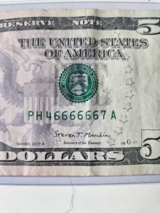 $5 Fancy serial number bill note 6 6's in a row - Picture 1 of 3