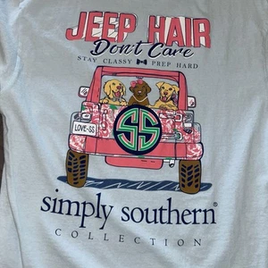 Simply Southern T-Shirt Women's L Large Short Sleeve Baby Blue Jeep Hair Dogs - Picture 1 of 3