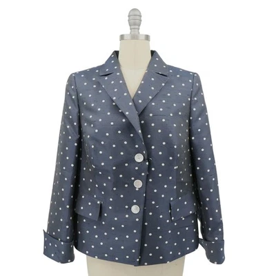 NWT $3500 Akris Silk Shantung Navy Polka Dot Three Button Blazer Jacket 12 - Image 1 of 4