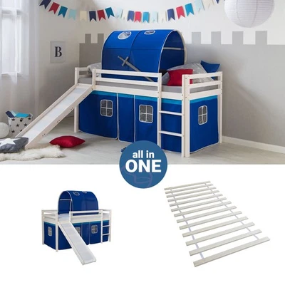 Cadre de Lit d'enfant superposé 90x200 Toboggan Lattes Tunnel Bleu Homestyle4u - Photo 1/4