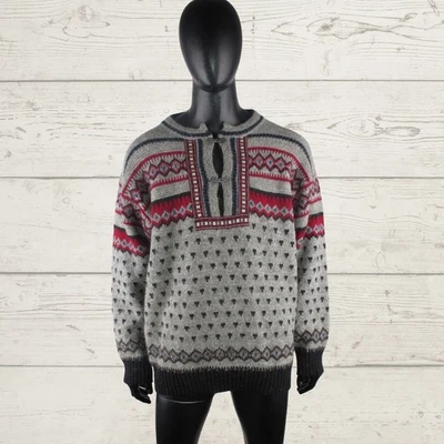 DEVOLD by OLMES CARETTI Men Fair Isle Nordic Sweater Wool Pullover Grey L Large - Image 1 of 4