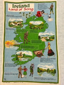 Vintage Linen Irish Tea Towel Made In Ireland Land of Song 29 x 19 in - Picture 1 of 8