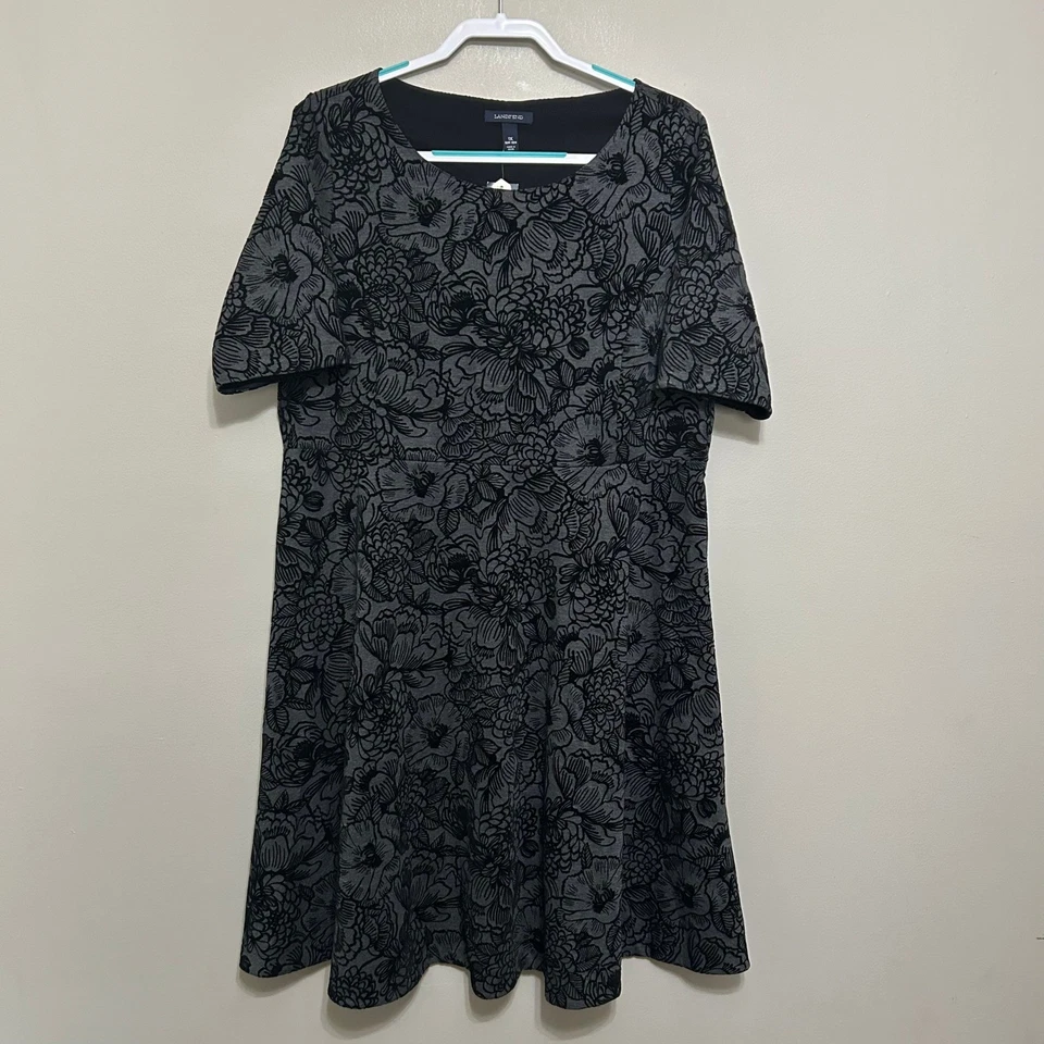 Lands' End 女式连衣裙 1X 16W-18W 灰色黑色天鹅绒花卉修身喇叭全新带标签 — 第 1/4 张图片