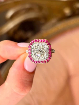 Anillo de boda Asscher de 1,47 quilates de diamantes naturales y rubíes de oro blanco macizo de 14 quilates talla 6 7 Foto 1 de 4