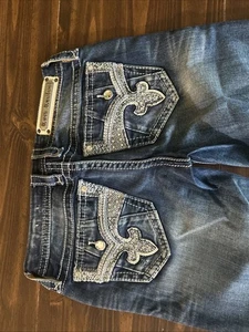 EUC Rock Revival Jeans Womens Size 28x28 Yui Boot Cut Bling Stones Distressed - Picture 1 of 9