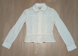 Vtg 90s NAOMI Sheer Gauze Embroidered Ivory Smocked PeterPan Peplum Jacket Top S - Picture 1 of 14