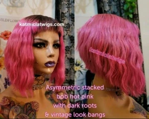 Pink And Black Inverted Bob With Bangs 100% Remy Human Hair Wig - Picture 1 of 4