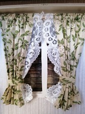 Miniatur-GARDINE,Vintage, beige/grün, ca.13, 5cm lang, Puppenstube,