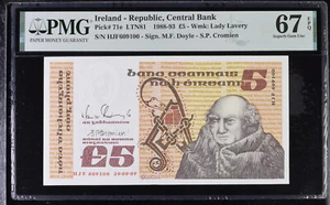 IRELAND REPUBLIC £5 1988-1993 P71 PMG 67 SUPERB GEM UNC EPQ PRE EURO - Picture 1 of 2