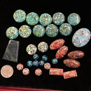 Blue Green Pink Red Turquoise Mosaic Round Oval Bead Huge Lot Beads Conglomerate - Picture 1 of 8