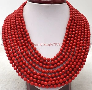 Long 120 Inch 8mm South Sea Red Coral Round Gemstone Beads Necklace - Picture 1 of 12