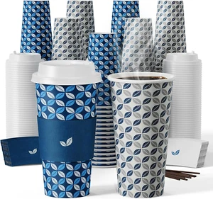 100 Pack 20 Oz Disposable Coffee Cups, Hot Paper Coffee Cups with Lids, Sleeves - Picture 1 of 7