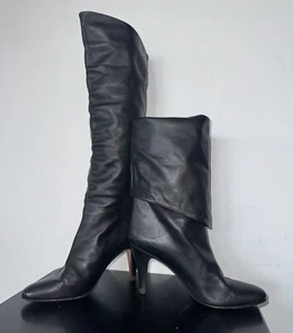 Vtg Sz 37 N 6.5 Italian CHANTEL Black Leather Slouch Tall Ankle Boots 70s 80s - Picture 1 of 10