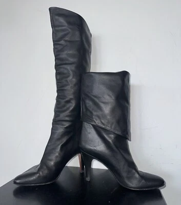 De Colección Talla 37 N 6.5 Italiano CHANTEL Cuero Negro Holgado Alto Botines Años 70 80 Foto 1 de 4