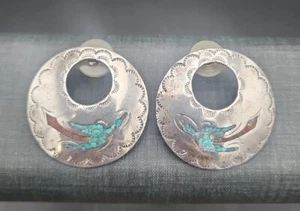 Vintage Sterling Navajo Thunderbird Inlayed Turquoise & Coral Earrings Marked  J - Picture 1 of 11